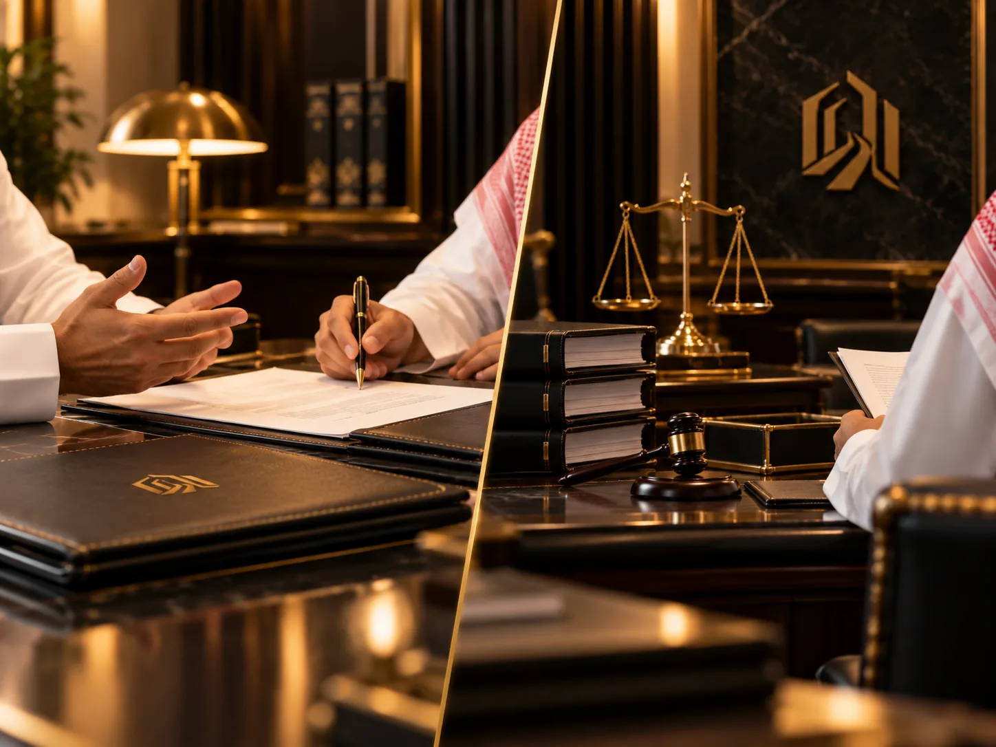 محامٍ سعودي يشرح لعميل الفرق بين الاستشارة القانونية والتمثيل القانوني أثناء مراجعة مستندات قضية.